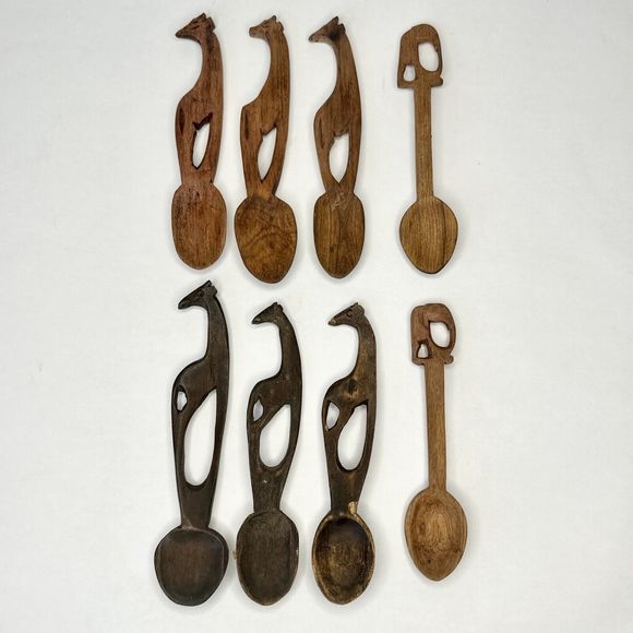 8 Wooden animal Carved Spoons Safari Animals Hand Carved Giraffe Elephant - Picture 1 of 10